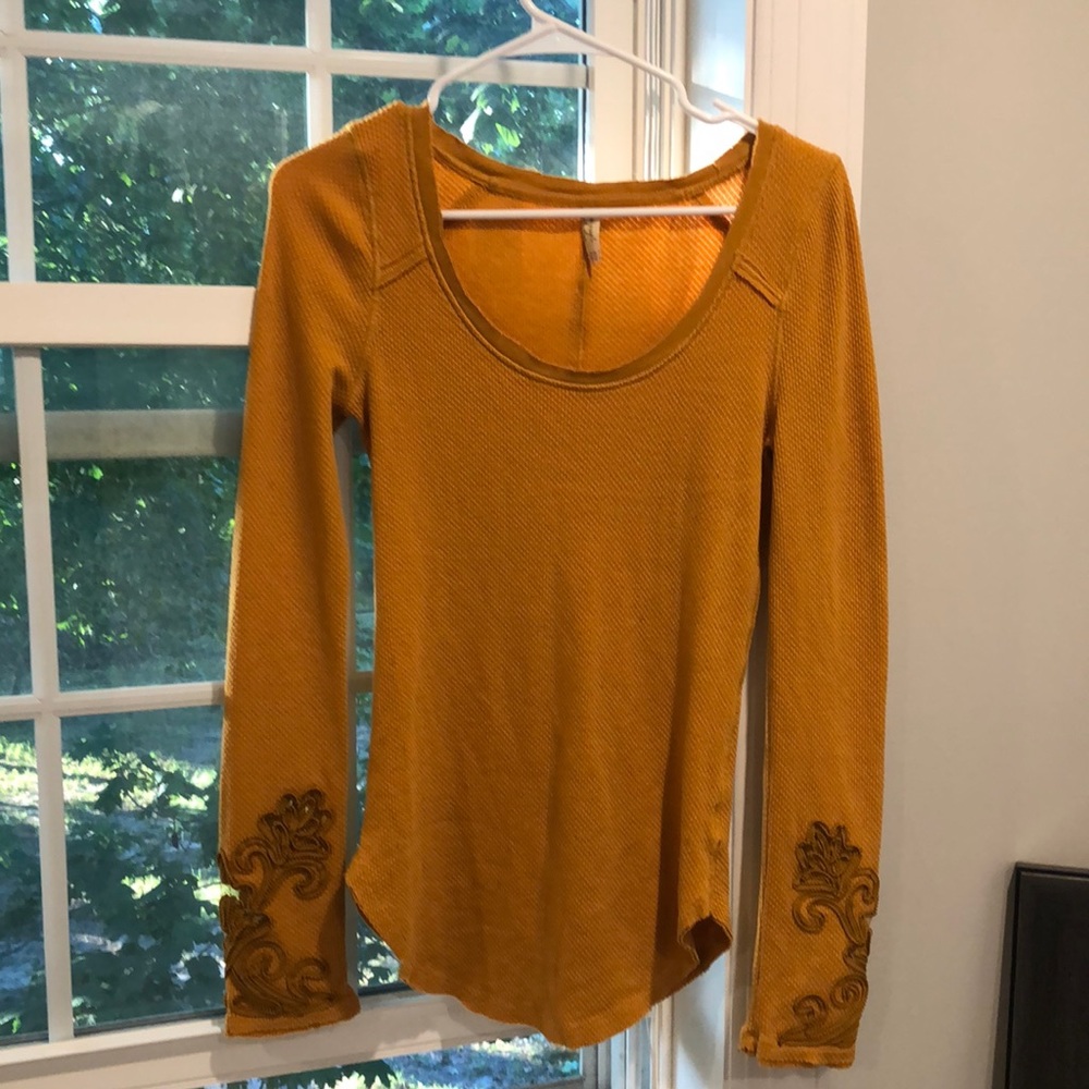 Free People Burnt Orange Crochet Sleeve Thermal